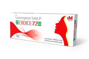 Pack of Choice-72 Levonorgestrel Tablet IP emergency contraceptive pill with red silhouette design on the box.