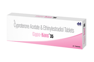 Pack of Cypo-Kare 35 contraceptive pills by DKT India, Cyproterone Acetate and Ethinylestradiol tablets, 21 tablets pack.
